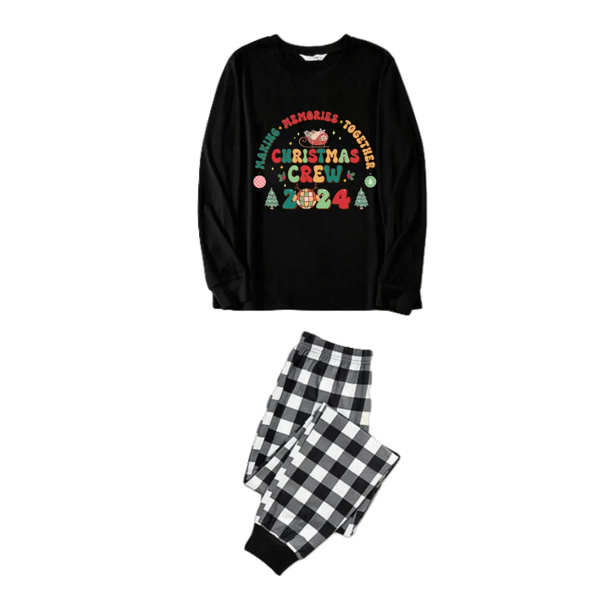 "Making Memories Together Christmas Crew 2024" Print Black Long Sleeve Top with Black And White Plaid Pants Family Matching Pajamas