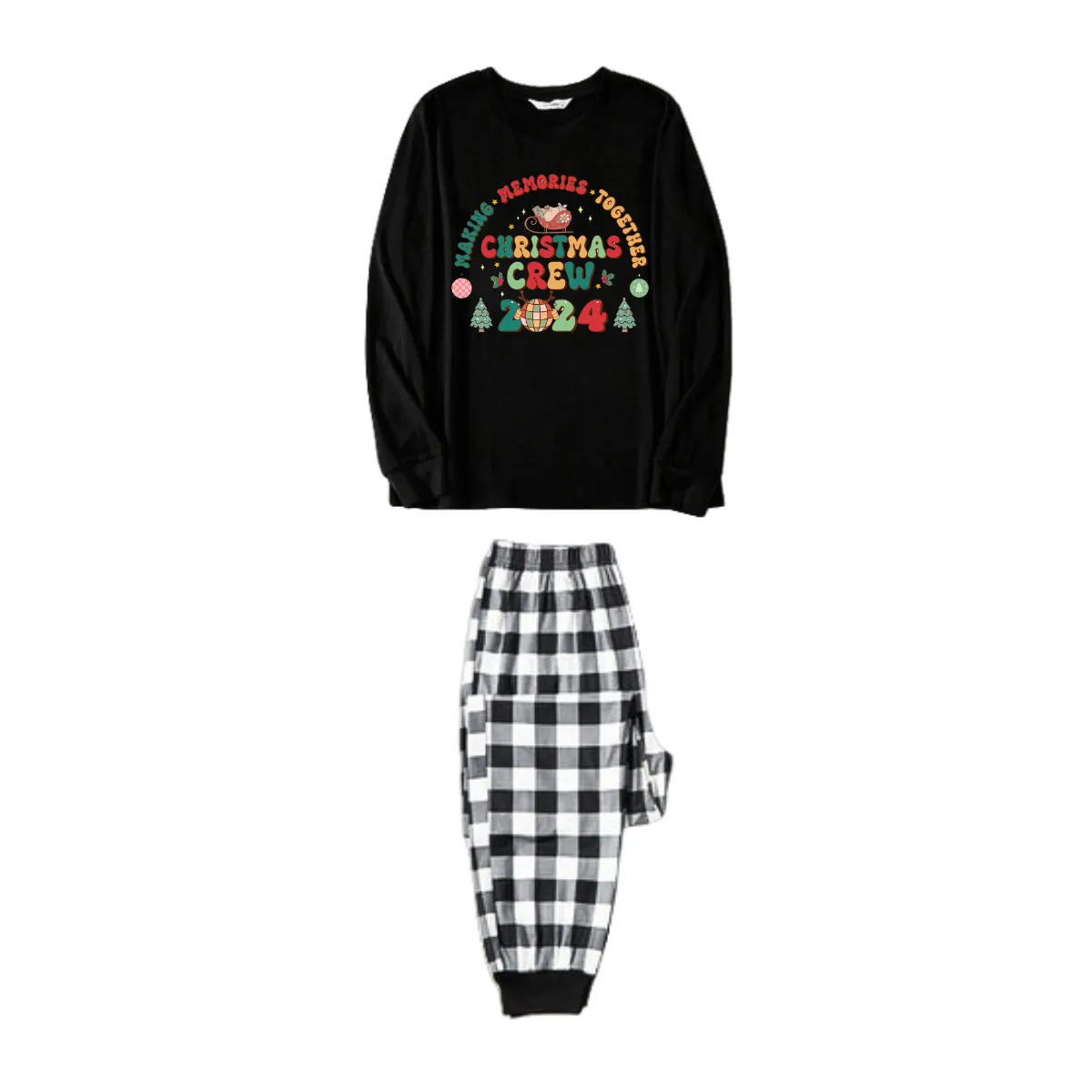 "Making Memories Together Christmas Crew 2024" Print Black Long Sleeve Top with Black And White Plaid Pants Family Matching Pajamas