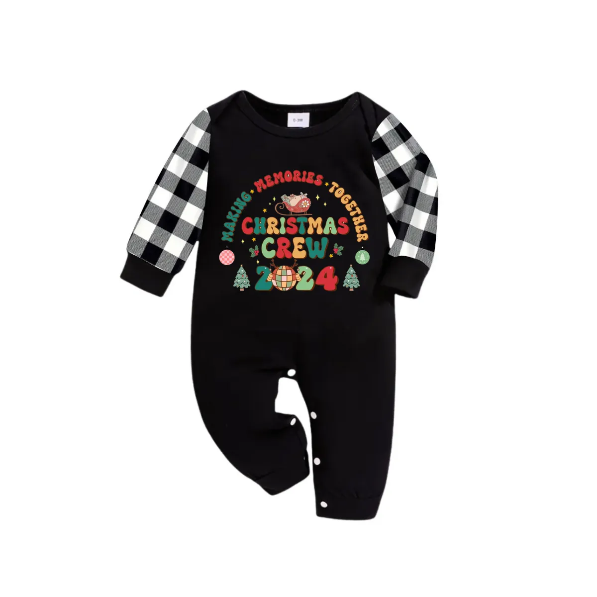 "Making Memories Together Christmas Crew 2024" Print Black Long Sleeve Top with Black And White Plaid Pants Family Matching Pajamas