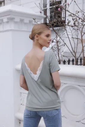 "The Sophie" - Lace Back Detail Round Neck T-shirt (Pistachio)