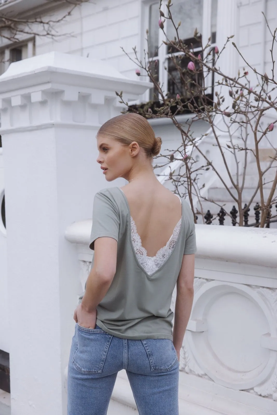 "The Sophie" - Lace Back Detail Round Neck T-shirt (Pistachio)