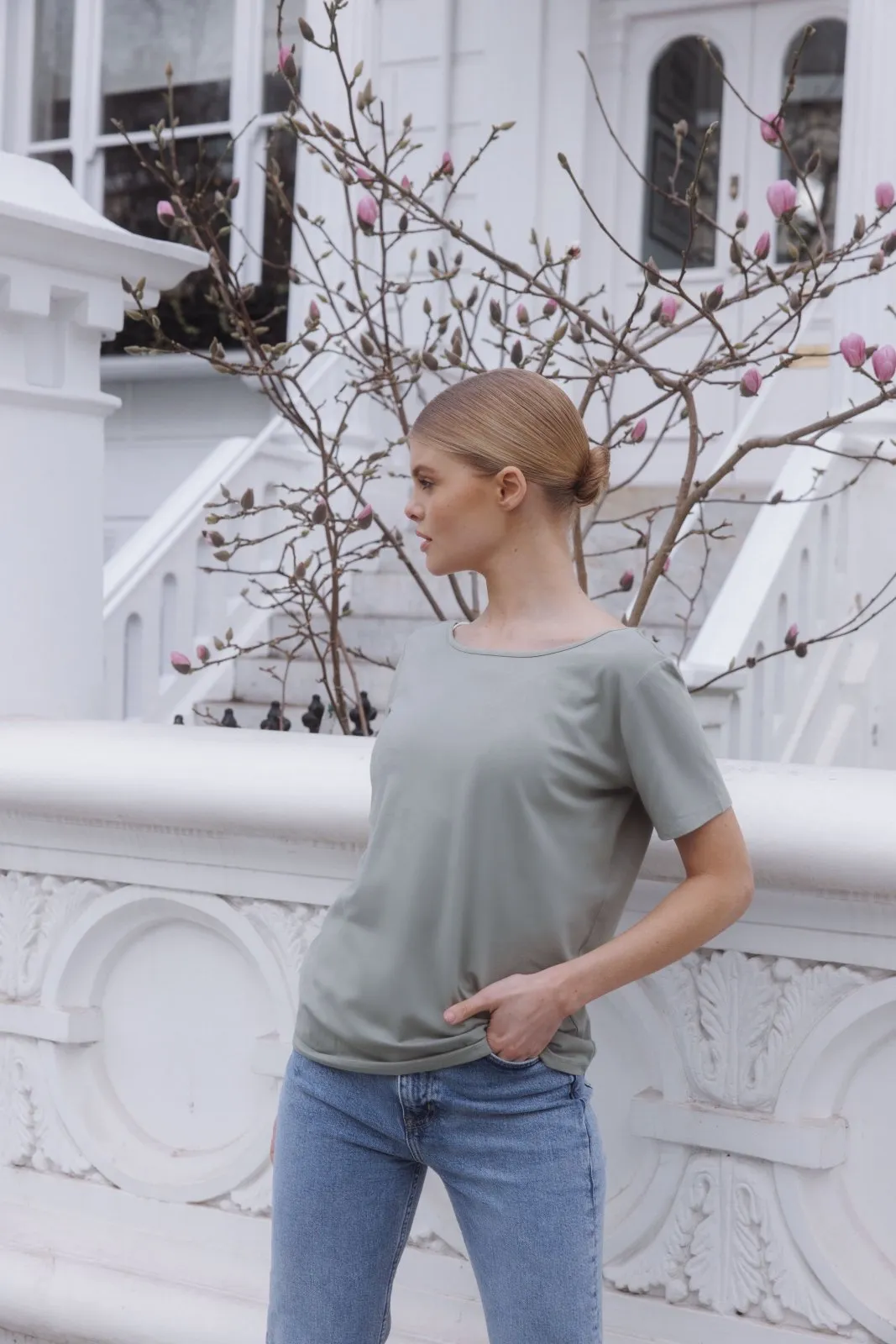 "The Sophie" - Lace Back Detail Round Neck T-shirt (Pistachio)