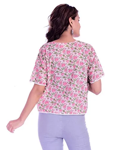 Ravaiyaa - Attitude is everything Cotton Floral Printed Short Shirt Top Women's Loose Crop Top Blouse (Pink)