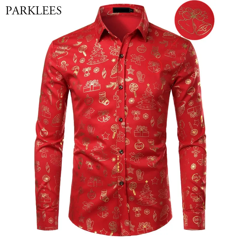 Red Mens Christmas Shirt Casual Slim Fit Xmas Gift Print Mens Dress