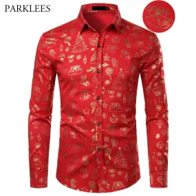 Red Mens Christmas Shirt Casual Slim Fit Xmas Gift Print Mens Dress