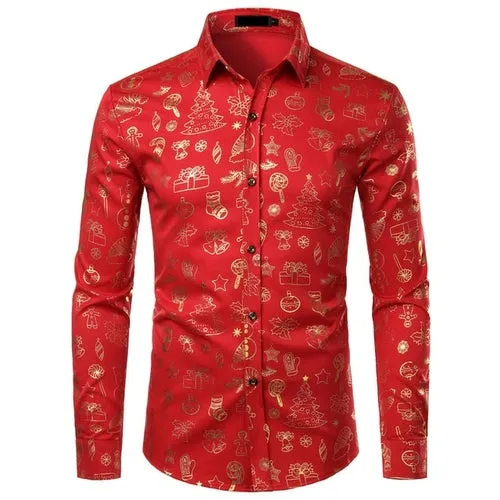 Red Mens Christmas Shirt Casual Slim Fit Xmas Gift Print Mens Dress