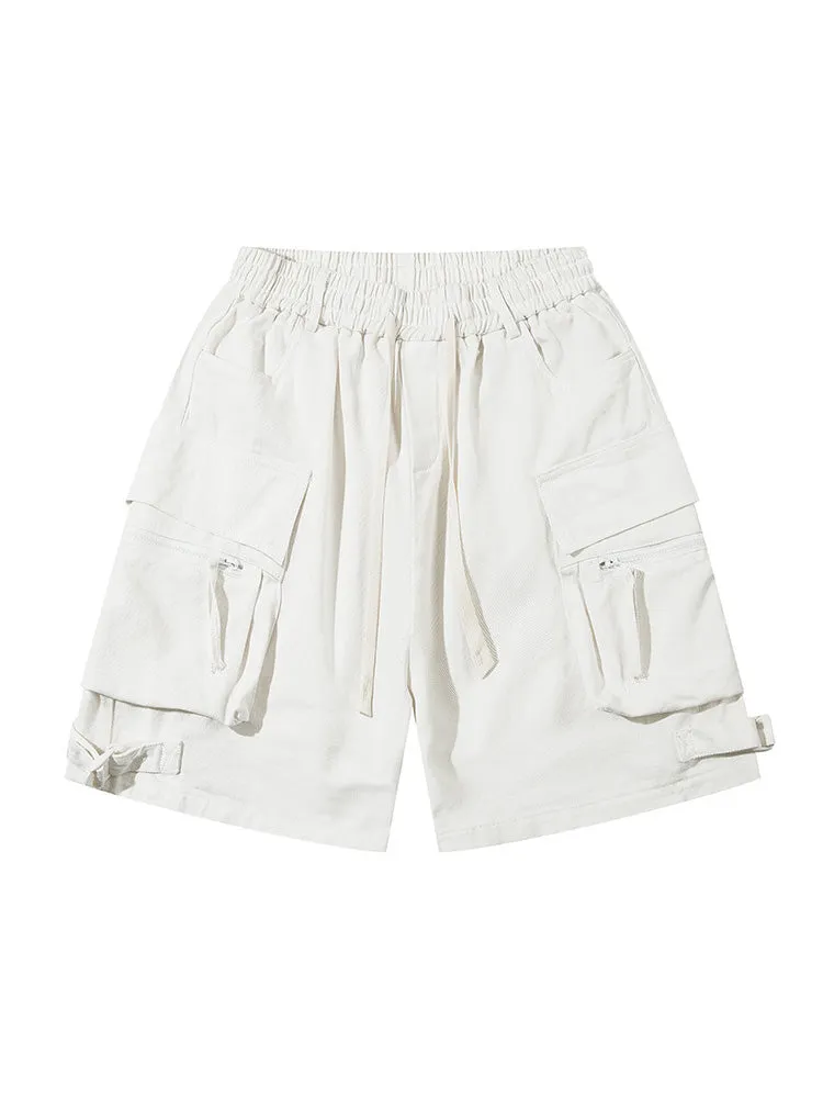 Retro Pocket Zipper Drawstring Cargo Shorts