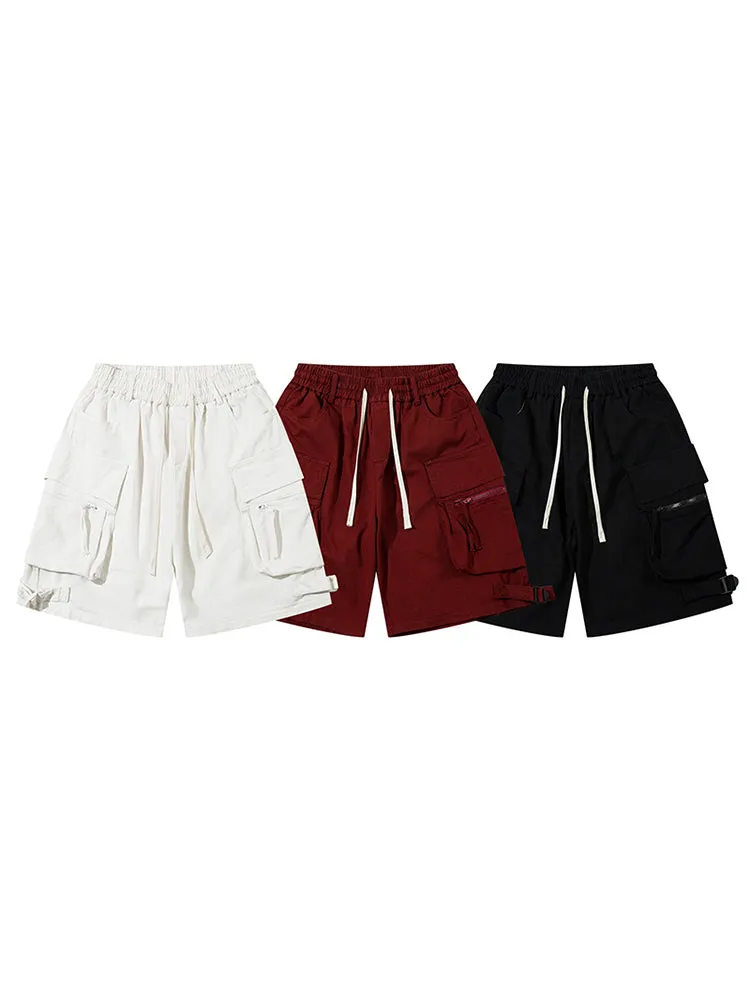 Retro Pocket Zipper Drawstring Cargo Shorts