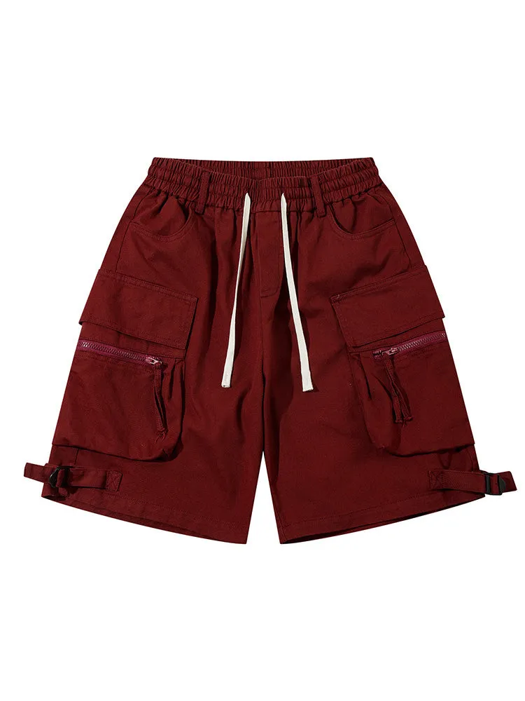 Retro Pocket Zipper Drawstring Cargo Shorts