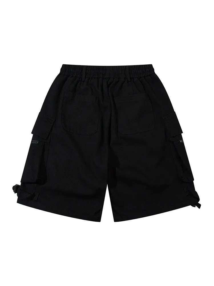 Retro Pocket Zipper Drawstring Cargo Shorts