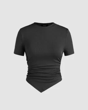 Ruched Round Neckline Short Sleeve Top In Black