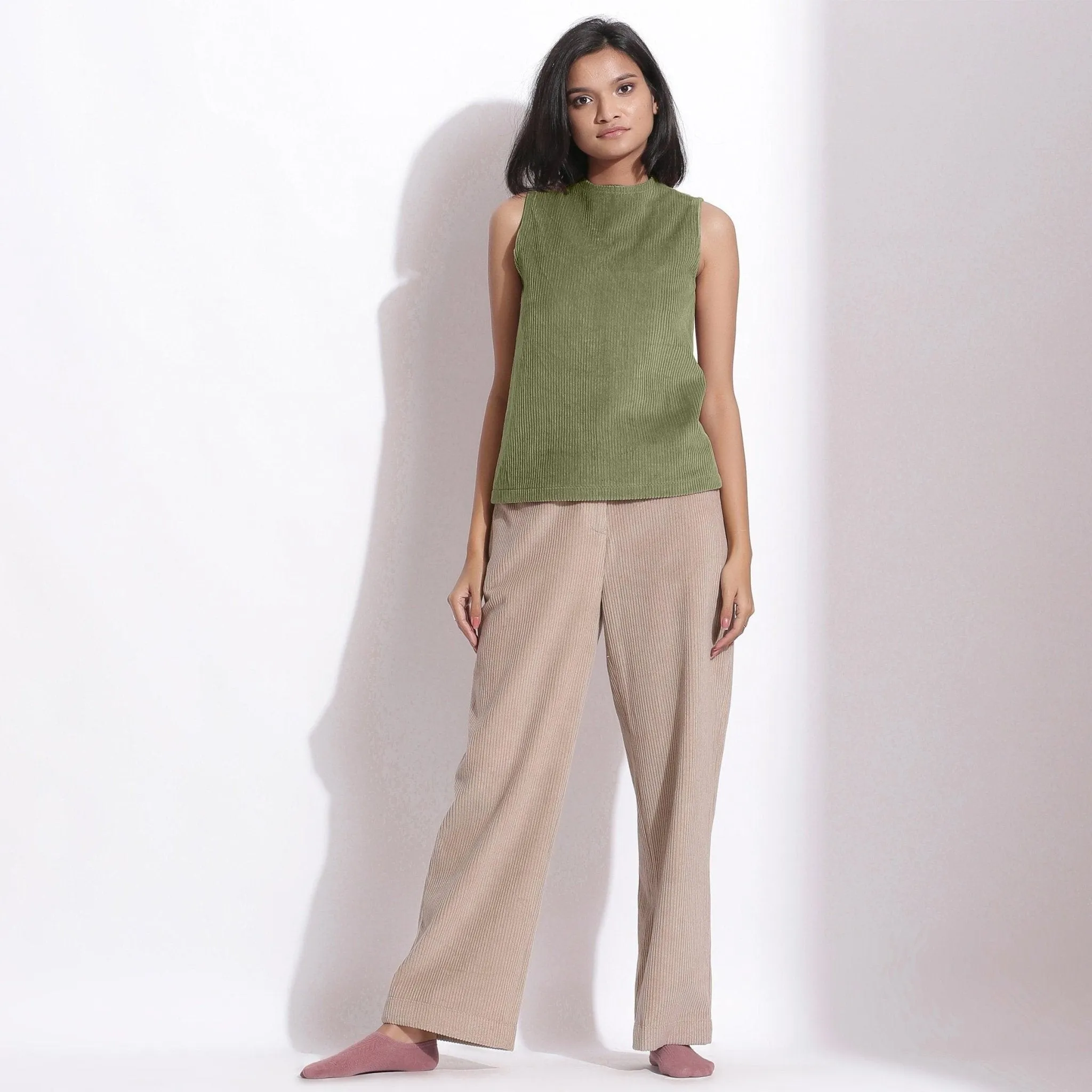 Sage Green Warm Cotton Corduroy Funnel Neck Top