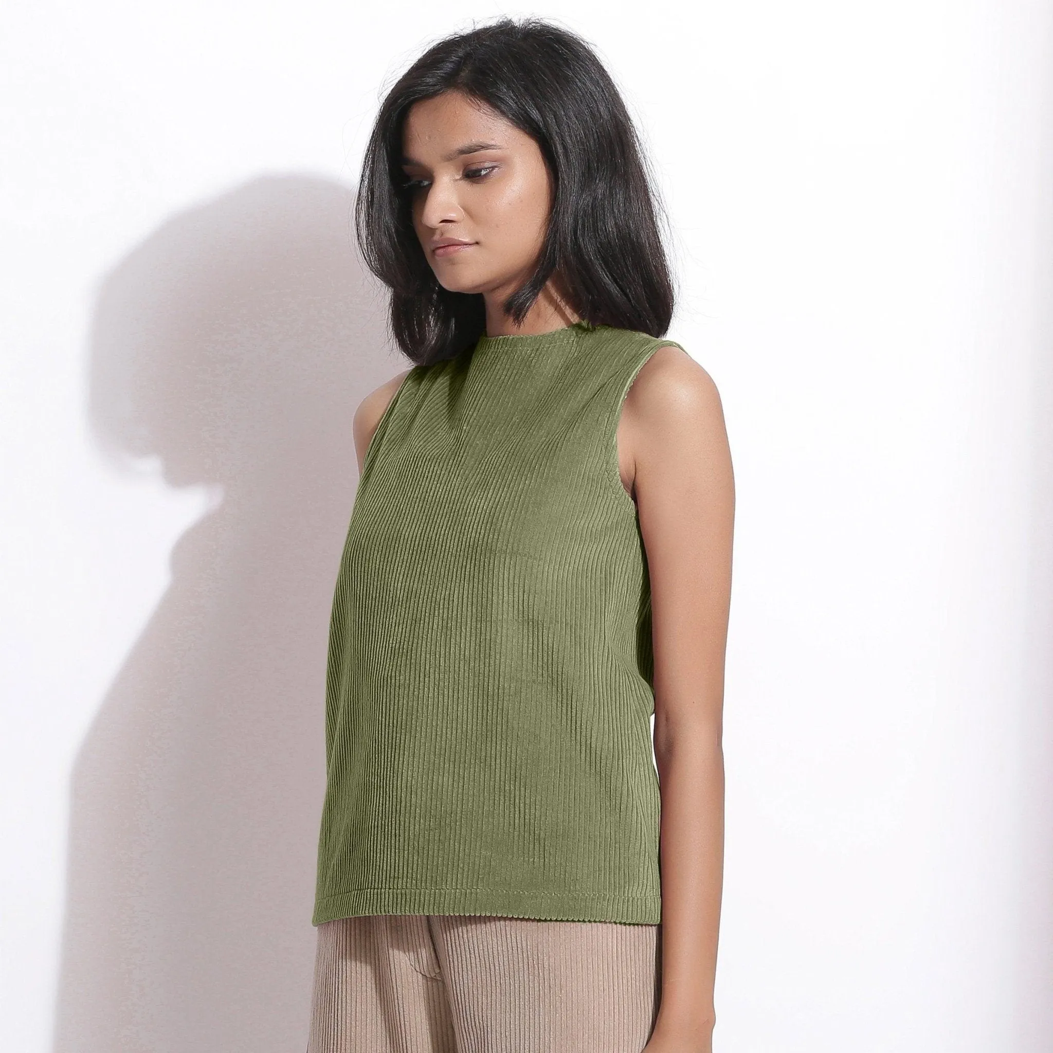 Sage Green Warm Cotton Corduroy Funnel Neck Top