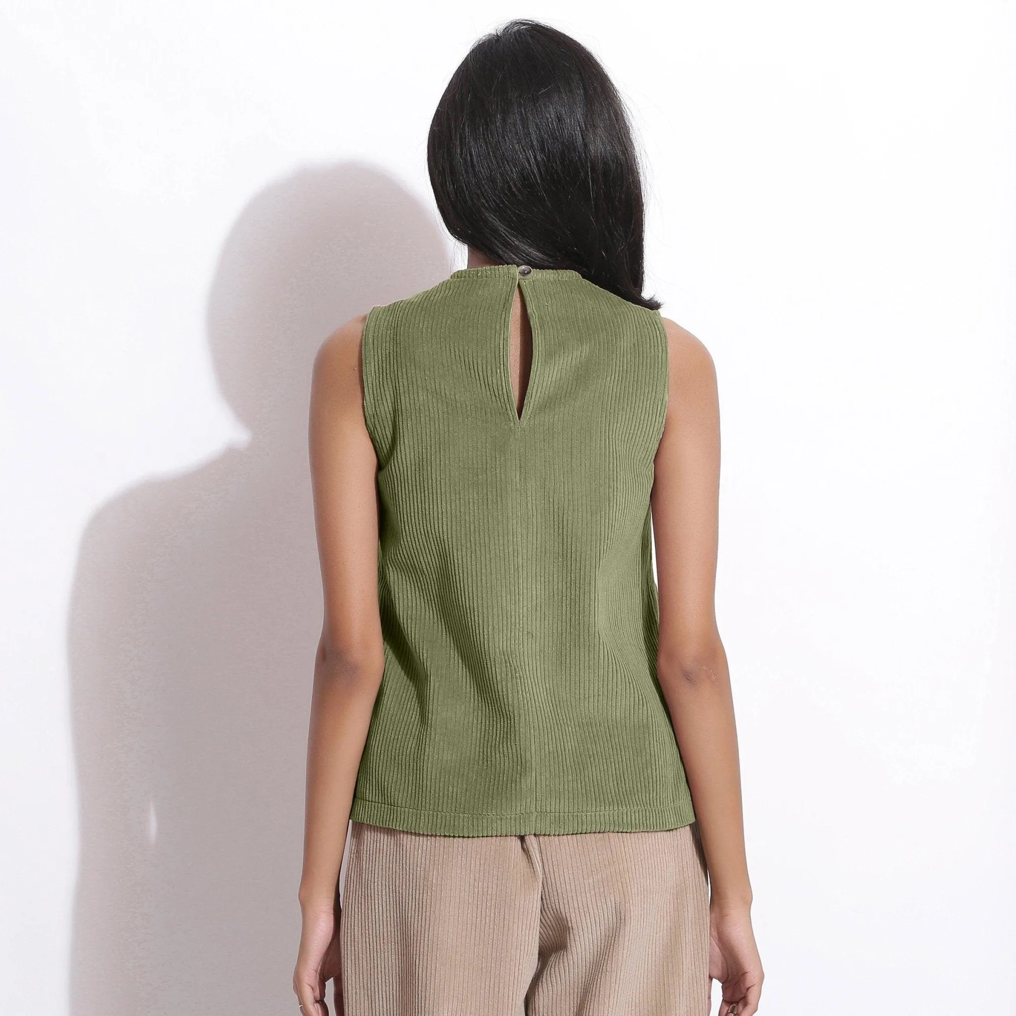 Sage Green Warm Cotton Corduroy Funnel Neck Top