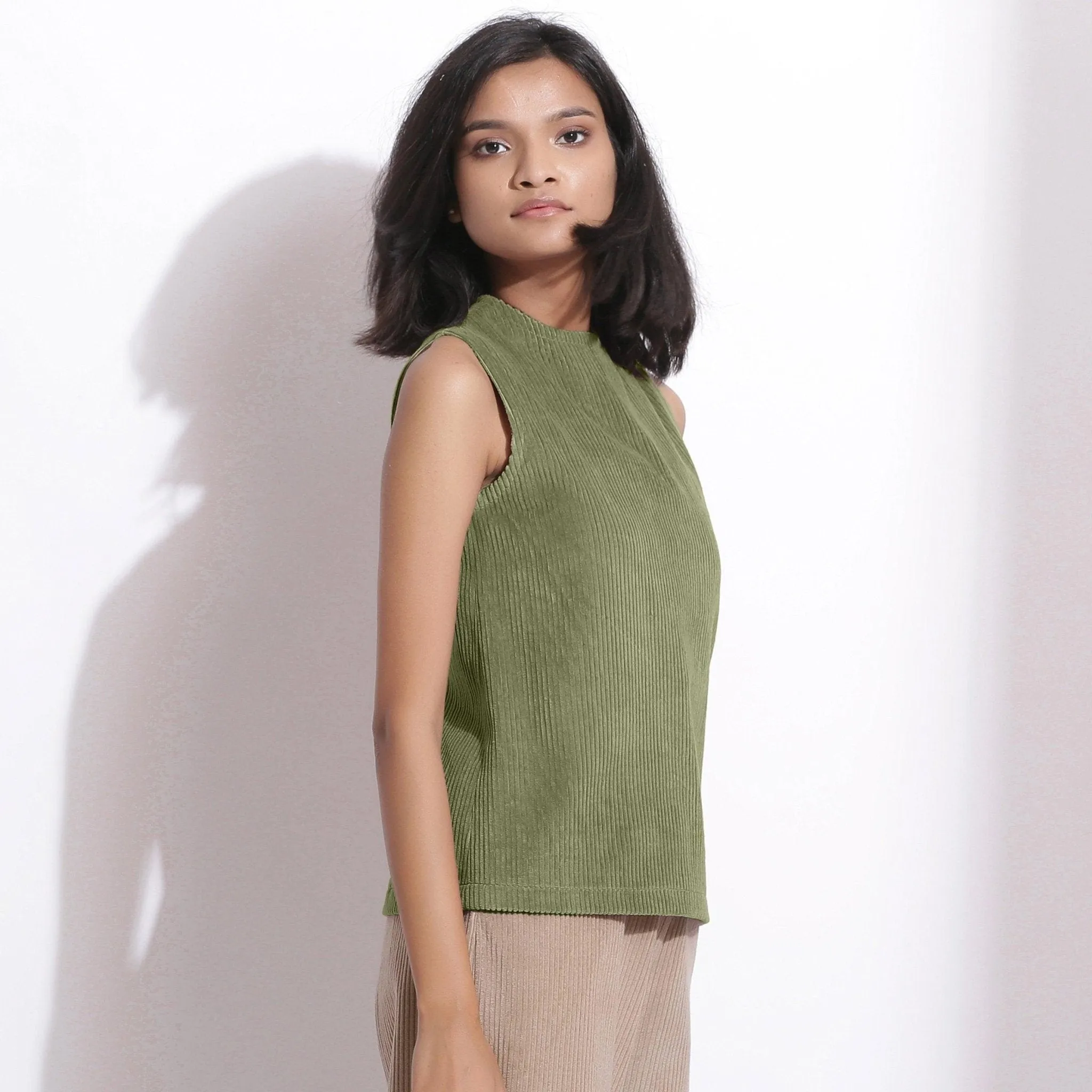 Sage Green Warm Cotton Corduroy Funnel Neck Top