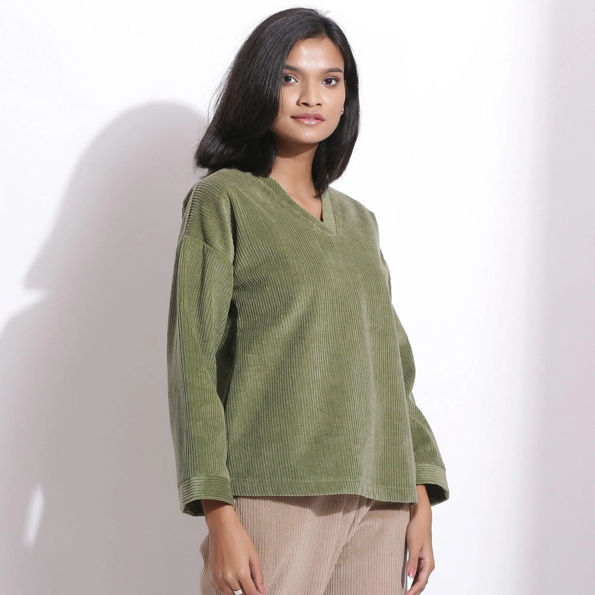 Sage Green Warm Cotton Corduroy V-Neck Top