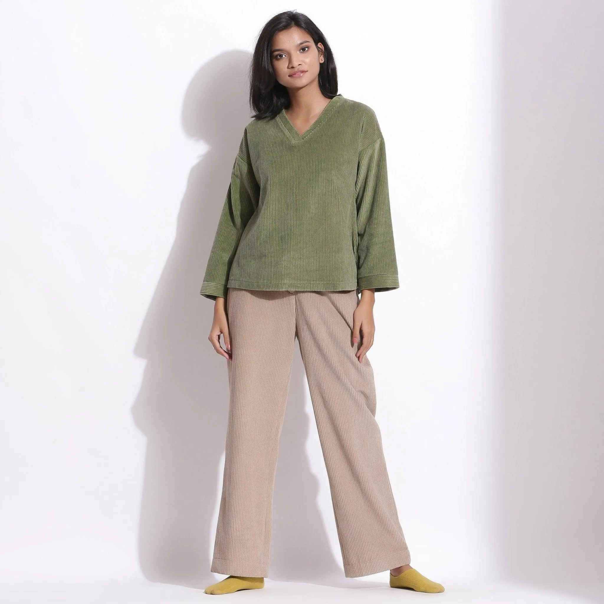 Sage Green Warm Cotton Corduroy V-Neck Top