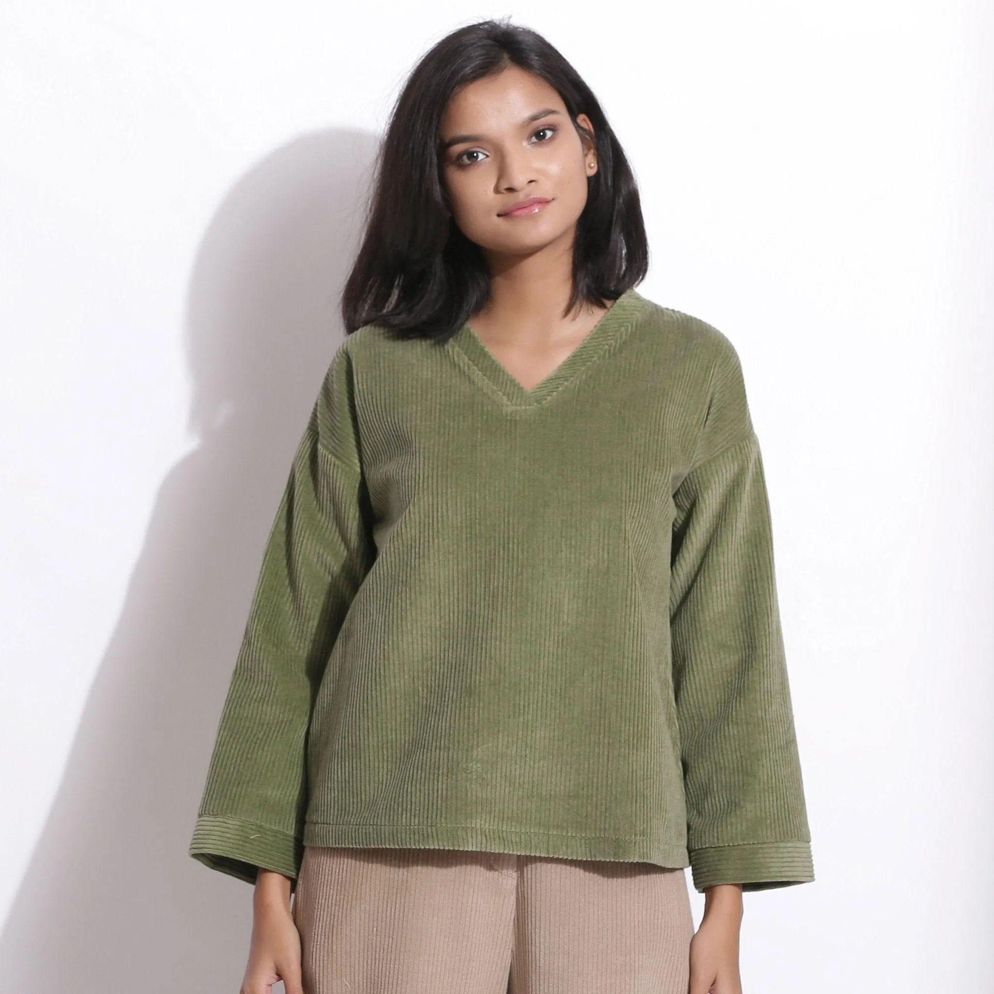 Sage Green Warm Cotton Corduroy V-Neck Top