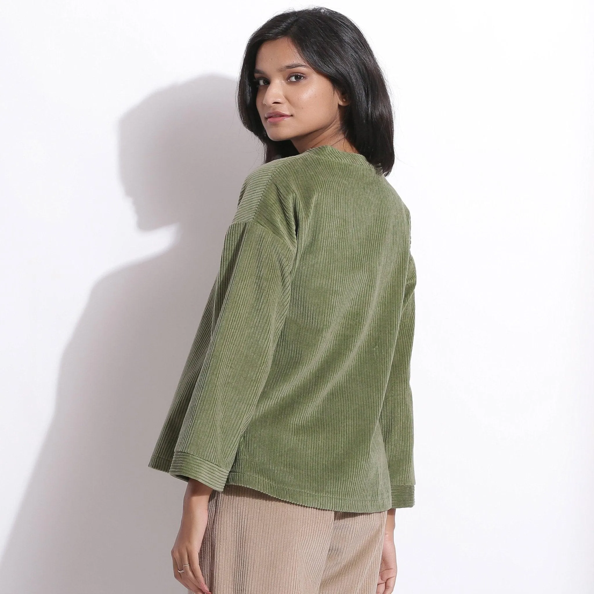 Sage Green Warm Cotton Corduroy V-Neck Top