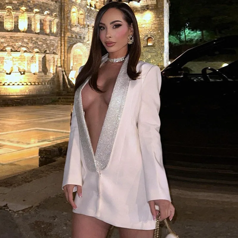 Sexy deep V-neck diamond backless jacket suit