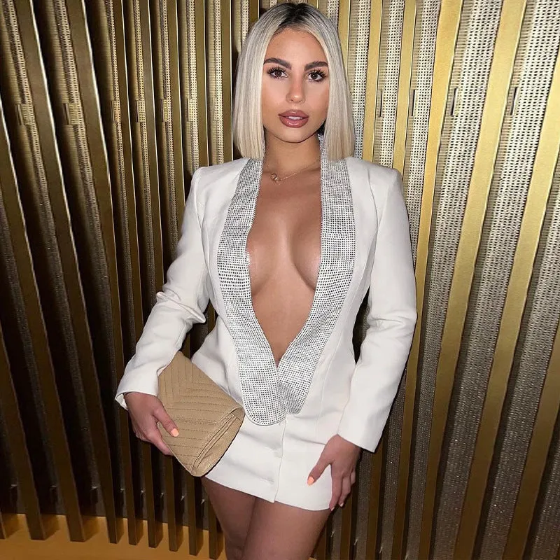 Sexy deep V-neck diamond backless jacket suit