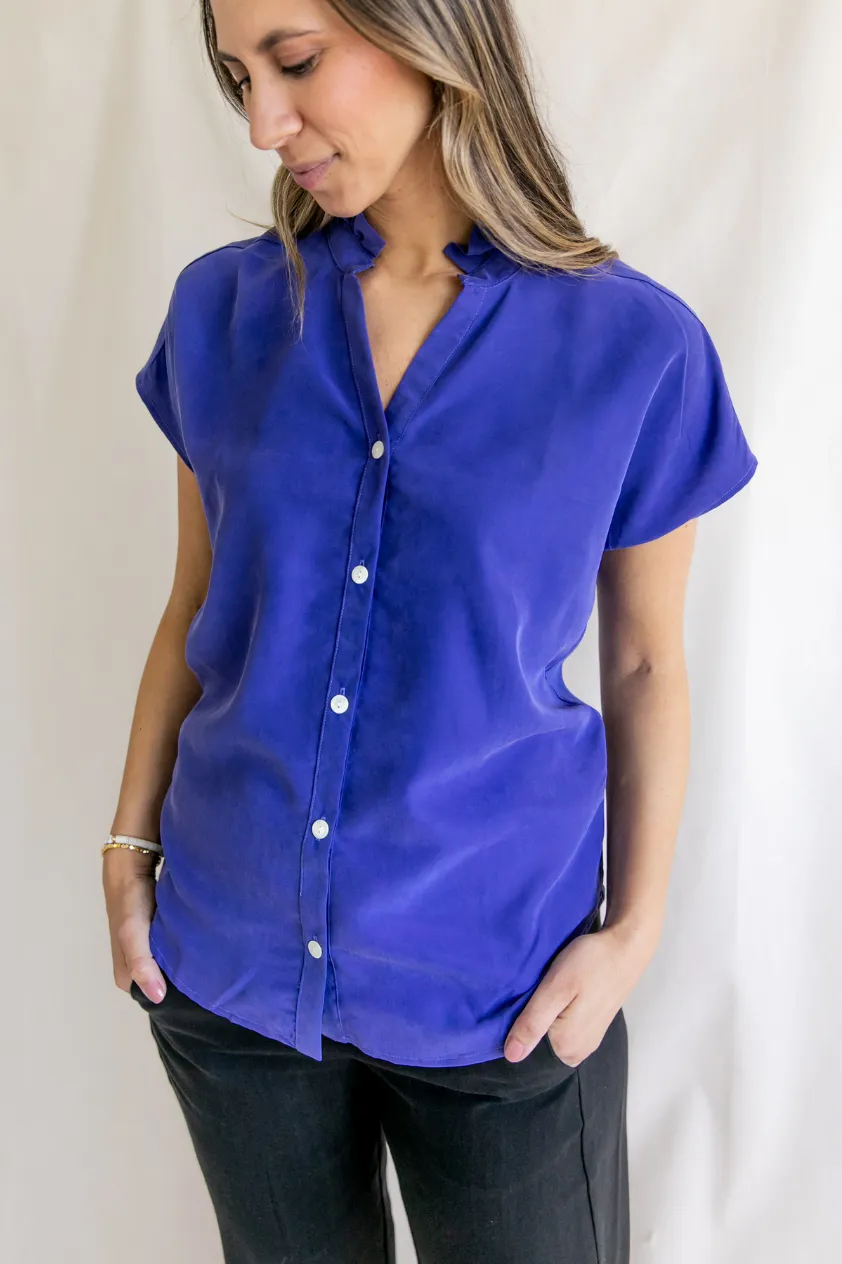 Sofia Cupro Purple Ruffle Collar Short Sleeve Shirt