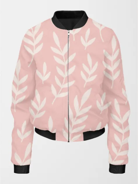 Sweet Pink Leaf Print Bomber Jacket