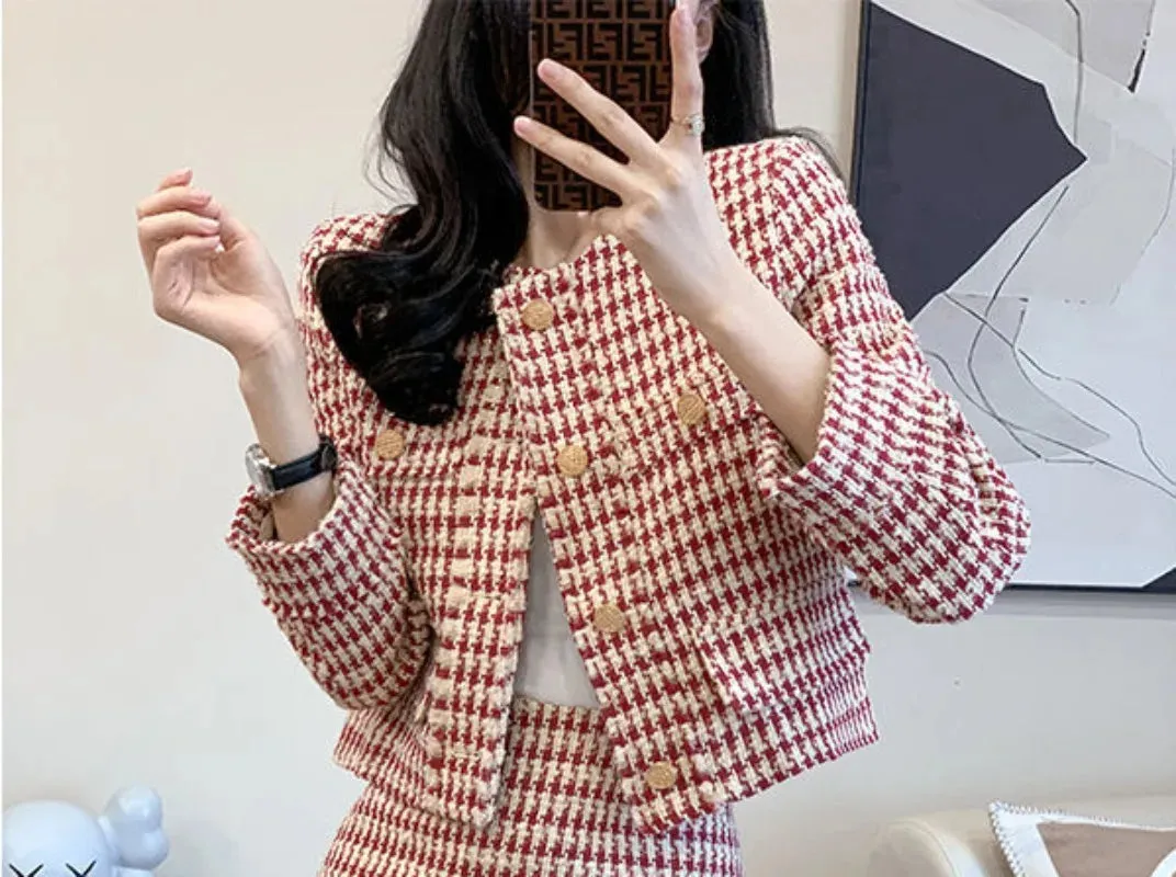 TAVIMART  -   Spring New Ladies Retro Plaid Single Breasted Suit Jacket Sexy High Waist Bag Hip Short Skirt Fashion Casual Women's Suit