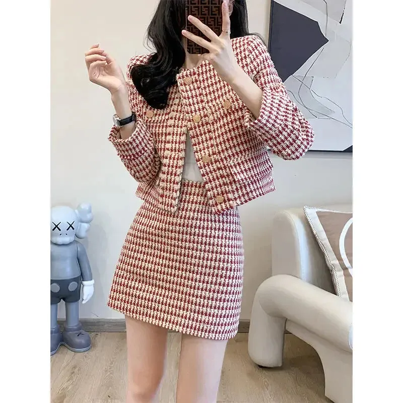 TAVIMART  -   Spring New Ladies Retro Plaid Single Breasted Suit Jacket Sexy High Waist Bag Hip Short Skirt Fashion Casual Women's Suit