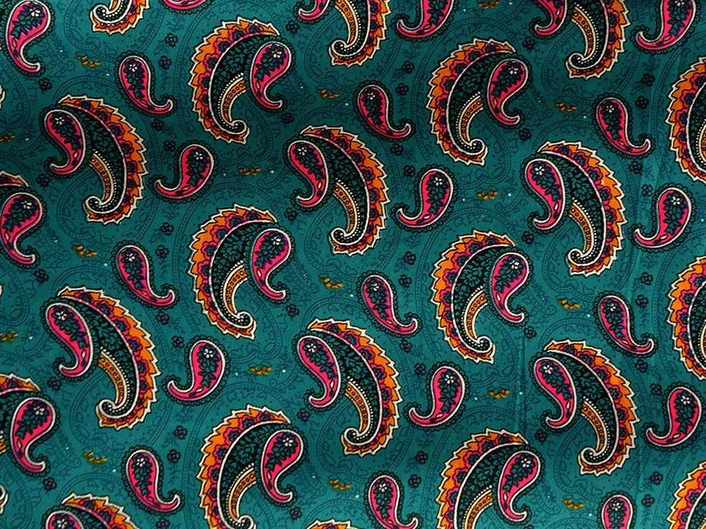 Teal Blue Paisley Digital Printed Premium Crepe Fabric