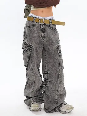 Wenkouban Faded Light Bleached Baggy Cargo Jeans