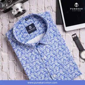 White Navy Blue Color Leaf Printed Shirt For Men