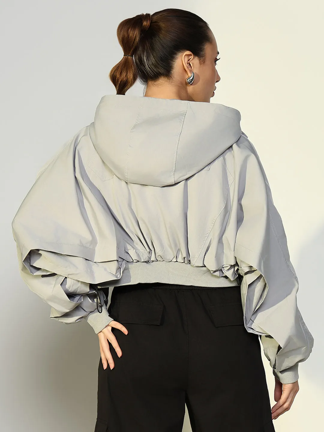 Women Solid Grey Crop Bomber Jacket