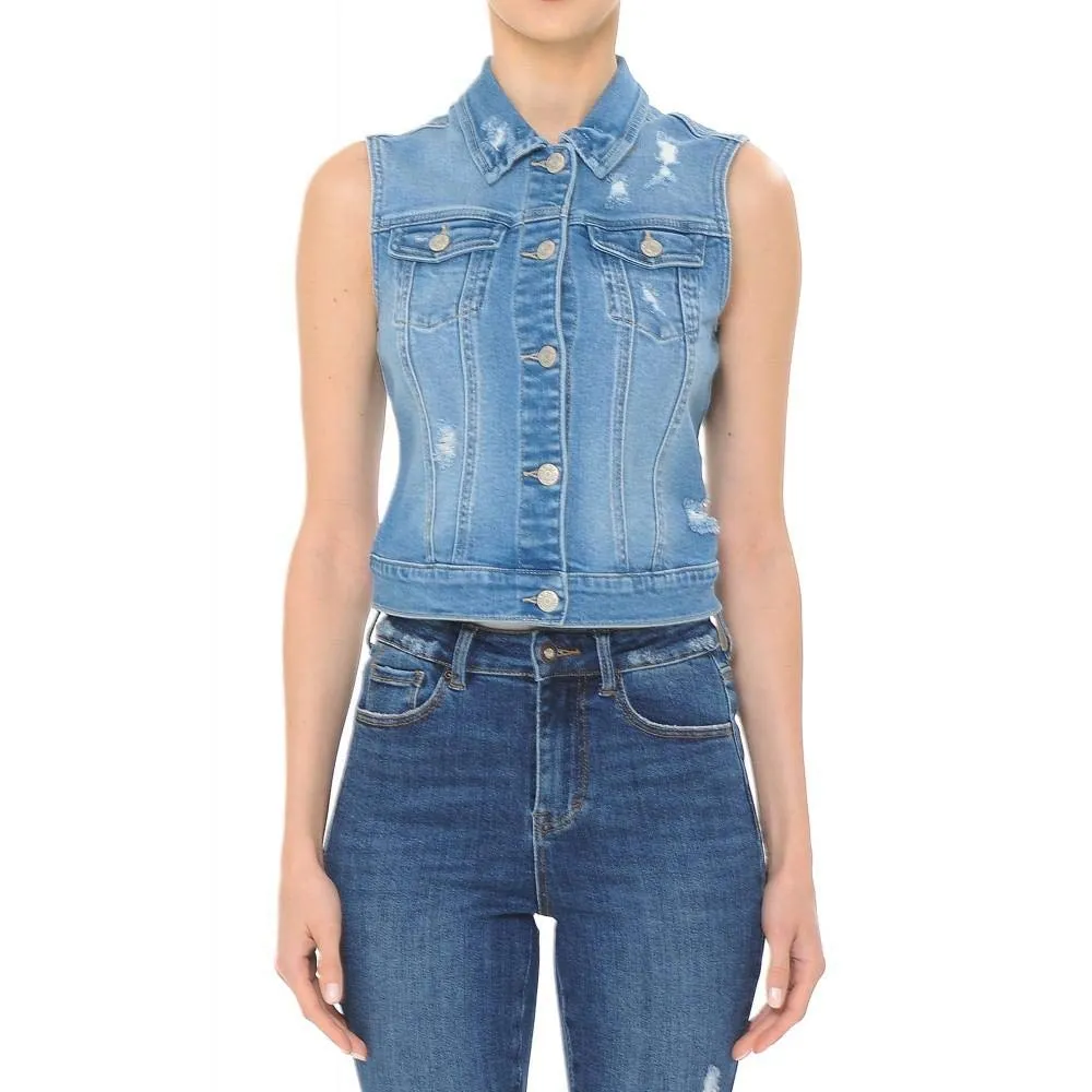 Women Stretch Destructed Distressed Denim Vest