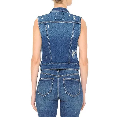 Women Stretch Destructed Distressed Denim Vest